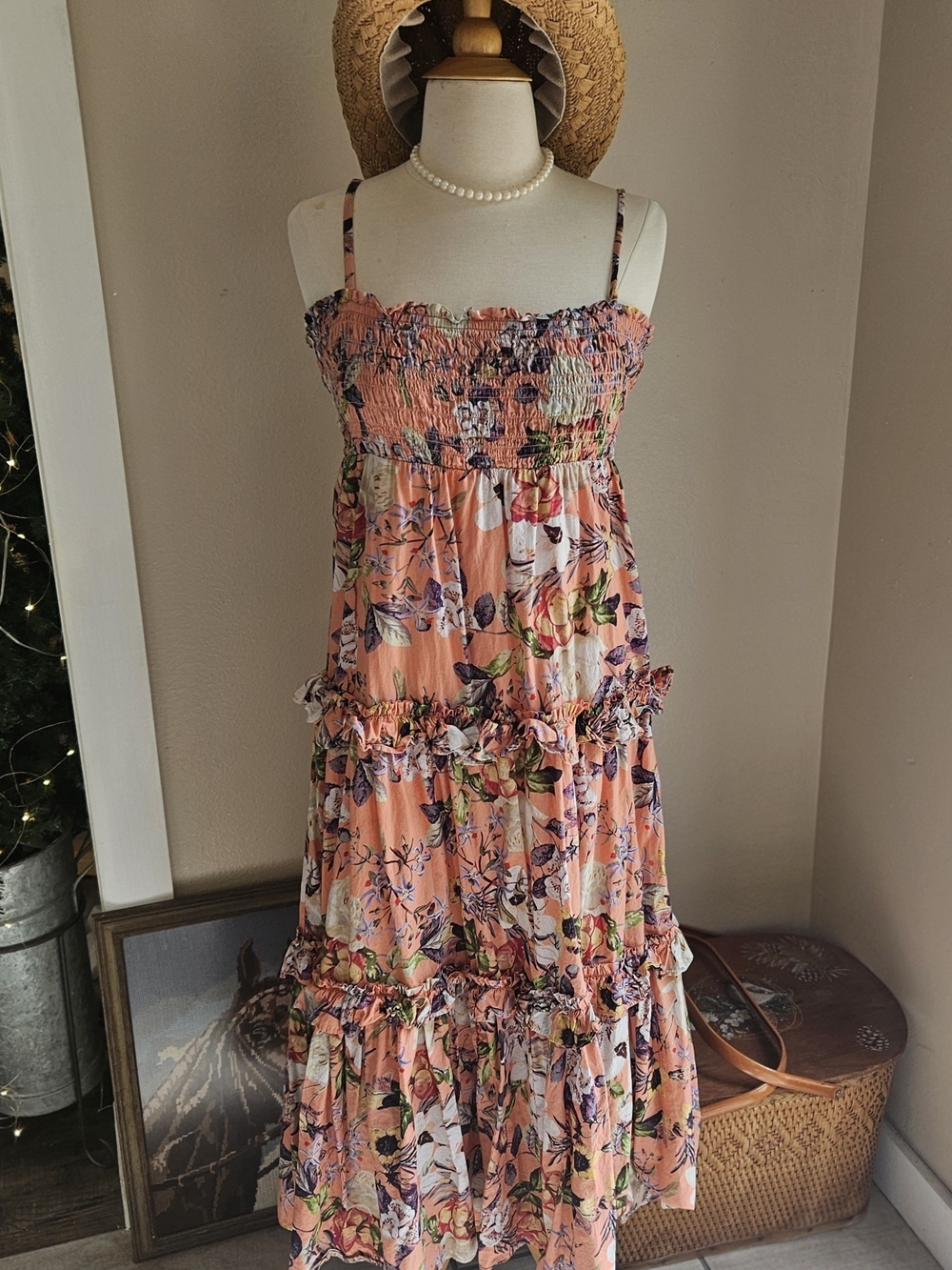 INC International Concepts Peach Floral Smocked Tiered Maxi Dress